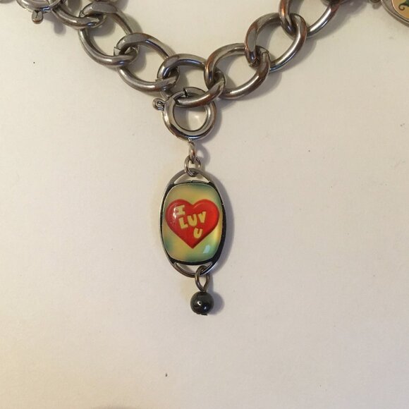 6 Charms Bracelet Silvertone Metal Link Chain Spoiled Bear Cat Moon I Luv U Bead - Picture 4 of 8